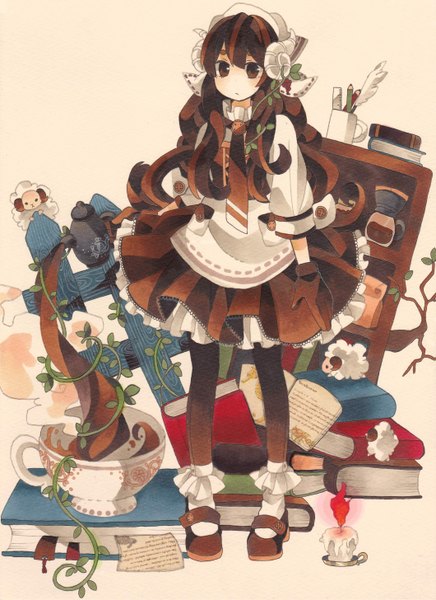 Anime picture 2120x2912 with original moputyan long hair tall image highres brown hair brown eyes horn (horns) abstract girl thighhighs dress gloves necktie frills headdress book (books) branch cup fence