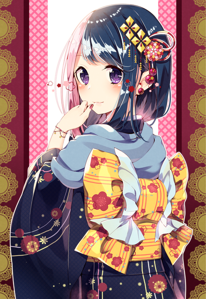 Anime picture 1052x1528 with original sakuragi ren single tall image looking at viewer blush fringe short hair black hair smile standing purple eyes pink hair nail polish looking back multicolored hair wide sleeves two-tone hair floral print girl