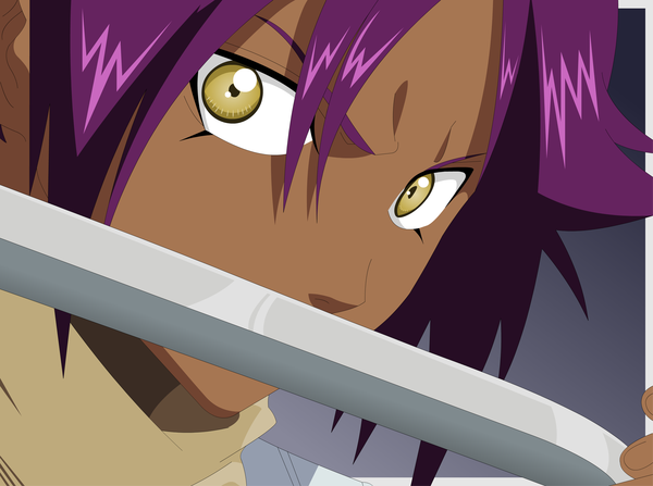 Anime picture 3000x2238 with bleach studio pierrot shihouin yoruichi ironcid single highres simple background yellow eyes purple hair grey background close-up face vector girl weapon sword scarf katana