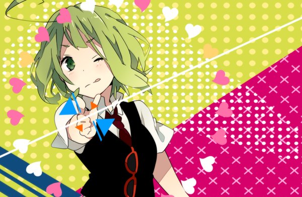 Anime picture 1840x1200 with vocaloid setsuna trip (vocaloid) gumi ousaka nozomi single looking at viewer blush highres short hair green eyes one eye closed green hair wink :p pointing girl uniform school uniform shirt glasses