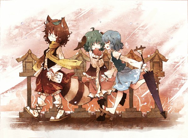 Anime picture 1000x735 with touhou tatara kogasa kasodani kyouko futatsuiwa mamizou hisona (suaritesumi) short hair brown hair multiple girls brown eyes animal ears blue hair bent knee (knees) tail eyes closed green hair loli snowing snow exhalation walking