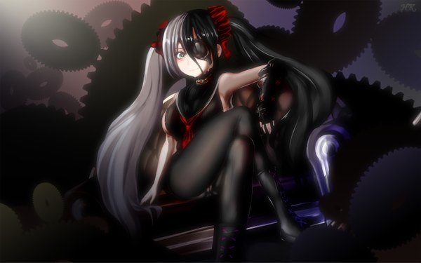 Anime picture 2780x1738 with blade & soul po hwa ran (blade & soul) hk (hak) single looking at viewer blush fringe highres breasts light erotic black hair hair between eyes large breasts holding yellow eyes silver hair very long hair multicolored hair light smile two-tone hair