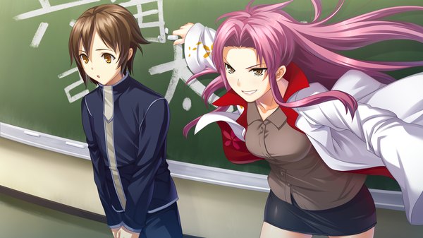 Anime picture 1280x720 with izuna zanshinken (game) long hair short hair brown hair wide image yellow eyes pink hair game cg teacher girl boy uniform school uniform blackboard