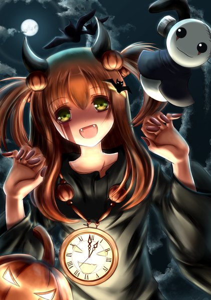 Anime picture 1606x2291 with original fenikkusuda single long hair tall image looking at viewer open mouth brown hair green eyes sky cloud (clouds) horn (horns) teeth fang (fangs) halloween girl dress animal moon clock