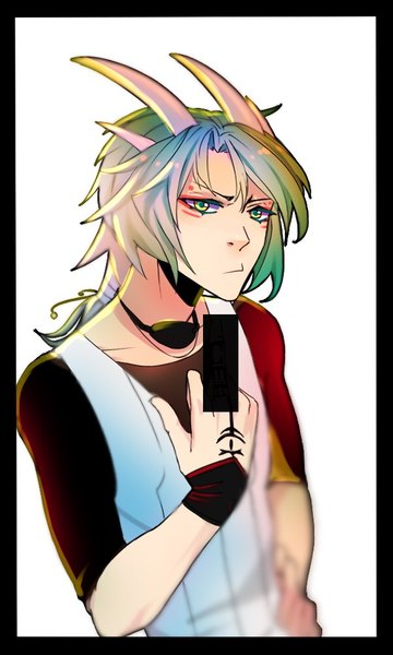 Anime picture 600x1000 with tagme (copyright) tagme (artist) single long hair tall image looking at viewer fringe simple background white background green eyes upper body ponytail horn (horns) censored blurry tattoo facial mark framed frown boy