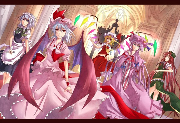 Anime picture 1298x890 with touhou flandre scarlet remilia scarlet izayoi sakuya patchouli knowledge hong meiling ram hachimin long hair short hair blue eyes blonde hair red eyes multiple girls pink hair white hair red hair looking back maid group bat wings