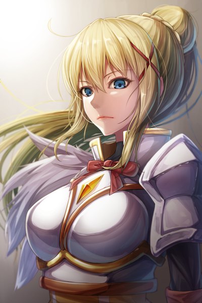 Anime picture 800x1200 with kono subarashii sekai ni shukufuku wo! studio deen darkness (konosuba) matokechi single long hair tall image fringe blue eyes simple background blonde hair hair between eyes payot ahoge ponytail grey background portrait girl armor x hair ornament