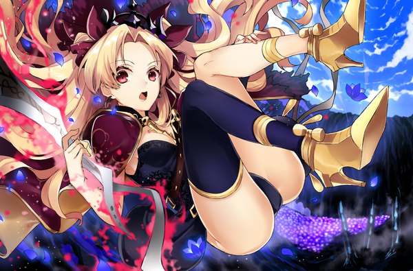 Anime picture 3800x2507 with fate (series) fate/grand order toosaka rin ereshkigal (fate) sogawa single long hair looking at viewer fringe highres breasts open mouth light erotic blonde hair red eyes absurdres sky cleavage cloud (clouds) full body