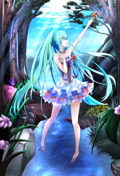 Anime picture 900x1320 with vocaloid hatsune miku realdragon single tall image open mouth blue eyes twintails very long hair profile aqua hair river girl dress flower (flowers) plant (plants) animal tree (trees) insect squirrel