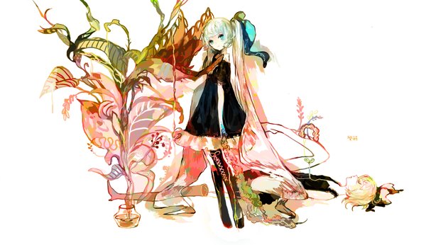 Anime picture 1734x1000 with vocaloid hatsune miku kagamine rin juexing (moemoe3345) highres wide image white background twintails multiple girls lying very long hair multicolored hair aqua eyes girl dress 2 girls plant (plants) thigh boots