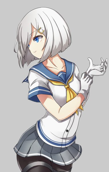 Anime picture 910x1432 with kantai collection hamakaze destroyer asya single tall image short hair blue eyes looking away white hair girl skirt gloves miniskirt white gloves