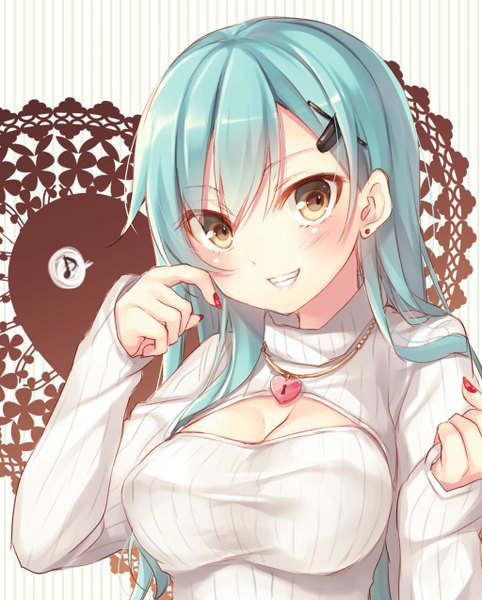 Anime picture 1024x1274 with kantai collection suzuya heavy cruiser toosaka asagi single long hair tall image blush fringe smile brown eyes looking away nail polish aqua hair red nail polish nail art girl hair ornament earrings hairclip pendant