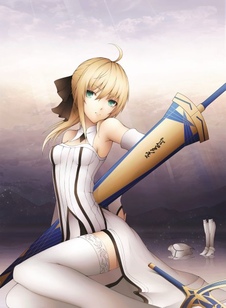 Anime picture 1771x2407 with fate (series) fate/stay night fate/unlimited codes studio deen type-moon artoria pendragon (all) saber saber lily kyoeiki single tall image looking at viewer highres short hair blonde hair green eyes ahoge girl thighhighs dress