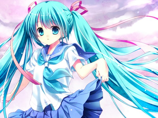 Anime picture 1200x900 with vocaloid hatsune miku nametakenoko totsuka (kapadaizin) single open mouth twintails very long hair aqua eyes aqua hair girl skirt ribbon (ribbons) hair ribbon serafuku