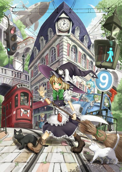 Anime picture 1013x1433 with touhou kirisame marisa alice margatroid cirno kawashiro nitori daiyousei kitsuneno denpachi tall image short hair blue eyes blonde hair twintails multiple girls green eyes blue hair green hair puffy sleeves short twintails witch goggles on head