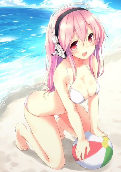 Anime picture 877x1239 with nitroplus super sonico mokoke long hair tall image blush fringe open mouth light erotic red eyes bare shoulders pink hair sky cleavage cloud (clouds) barefoot bare belly bare legs kneeling arched back