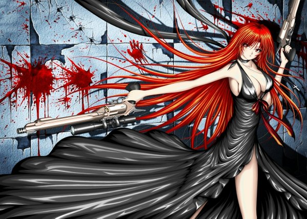Anime picture 1200x855 with e.k. single long hair breasts light erotic red eyes red hair girl dress weapon gun blood cross