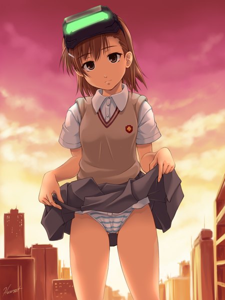 Anime picture 1200x1600 with to aru kagaku no railgun to aru majutsu no index j.c. staff misaka imouto kagehara hanzou tall image short hair light erotic brown hair brown eyes city evening sunset girl skirt uniform underwear panties school uniform miniskirt