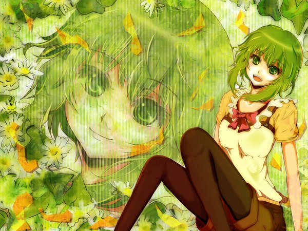 Anime picture 4000x3000 with vocaloid gumi velia (artist) highres short hair open mouth green eyes absurdres green hair zoom layer girl flower (flowers) pantyhose shorts
