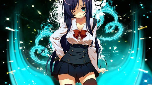 Anime picture 1920x1080 with school days katsura kotonoha single long hair highres blue eyes wide image one eye closed wink girl thighhighs skirt uniform black thighhighs school uniform bowtie