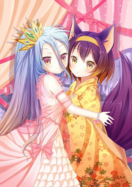 Anime picture 800x1131 with no game no life madhouse shiro (no game no life) hatsuse izuna sumikko no aria long hair tall image looking at viewer short hair hair between eyes multiple girls yellow eyes blue hair purple hair traditional clothes japanese clothes multicolored hair two-tone hair loli girl