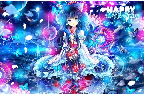Anime picture 1500x990 with touhou hakurei reimu hagiwara rin yumijii single long hair open mouth blue eyes black hair twintails traditional clothes inscription happy birthday girl dress flower (flowers) bow hair bow detached sleeves rose (roses)