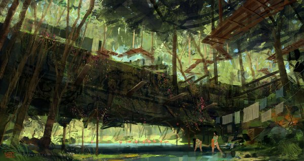 Anime picture 1100x583 with original paberu (pixiv) wide image multiple girls river girl underwear panties 2 girls plant (plants) tree (trees) water forest bridge