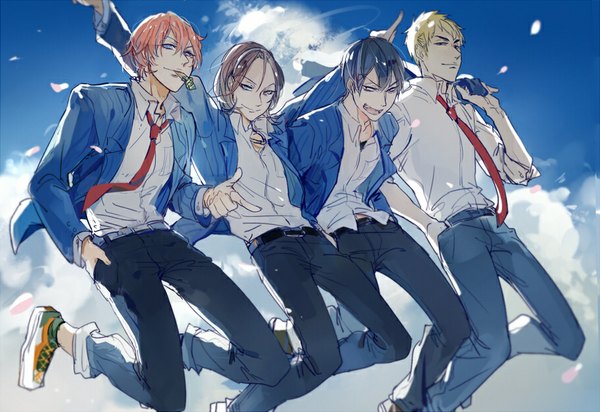 Anime picture 909x625 with yowamushi pedal toudou jinpachi arakita yasutomo shinkai hayato fukutomi juichi cookon looking at viewer short hair open mouth blue eyes black hair blonde hair smile holding sky cloud (clouds) bent knee (knees) orange hair multiple boys mouth hold