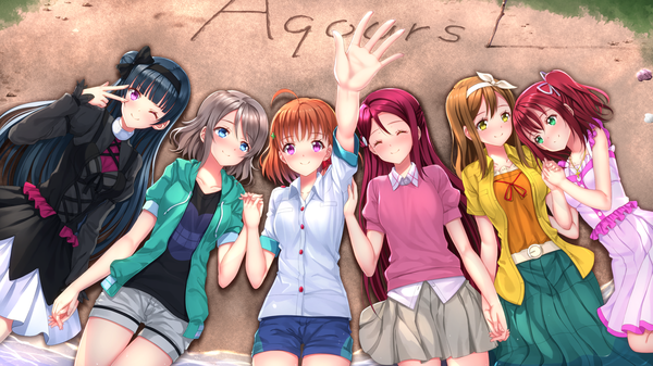 Anime picture 1920x1080 with love live! sunshine!! sunrise (studio) love live! sakurauchi riko tsushima yoshiko watanabe you takami chika kurosawa ruby kunikida hanamaru swordsouls long hair blush highres short hair blue eyes black hair smile brown hair wide image purple eyes