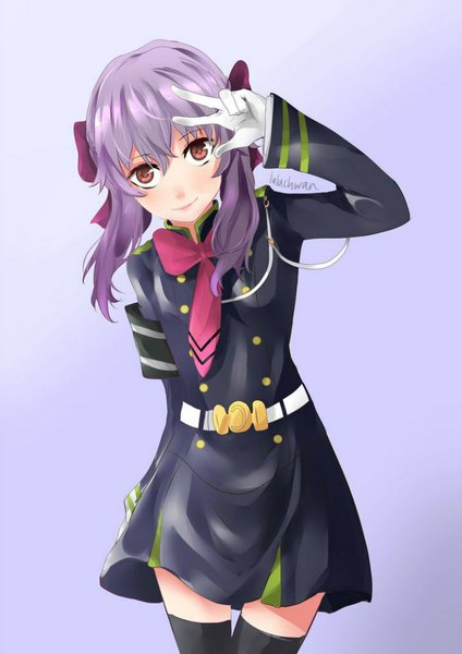 Anime picture 724x1024 with owari no seraph wit studio hiiragi shinoa single tall image looking at viewer fringe breasts simple background brown eyes signed purple hair head tilt grey background zettai ryouiki gradient background purple background girl thighhighs skirt