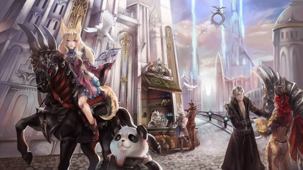 Anime picture 1887x1062 with tera online synpai long hair looking at viewer highres short hair blue eyes blonde hair wide image animal ears yellow eyes looking away silver hair very long hair pointy ears open clothes open jacket lipstick girl dress