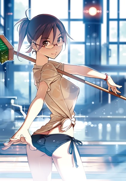 Anime picture 1344x1920 with original vania600 single tall image looking at viewer fringe short hair light erotic smile hair between eyes brown hair standing holding brown eyes ahoge ass ponytail looking back sunlight sparkle