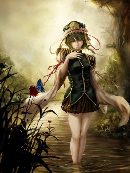 Anime picture 1476x1969 with touhou shikieiki yamaxanadu koukyou single tall image short hair standing green eyes green hair river girl skirt ribbon (ribbons) plant (plants) hat tree (trees) water insect butterfly