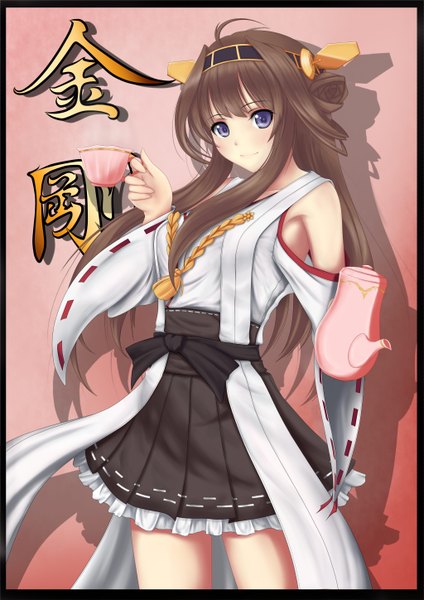 Anime picture 4091x5786 with kantai collection kongou battleship aoidls2 single long hair tall image looking at viewer highres blue eyes smile brown hair absurdres nontraditional miko girl hair ornament detached sleeves cup teapot