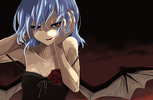 Anime picture 1000x657 with touhou remilia scarlet sorano eika single looking at viewer blush short hair breasts open mouth smile bare shoulders blue hair upper body nail polish fingernails off shoulder loli orange eyes sleeveless flat chest