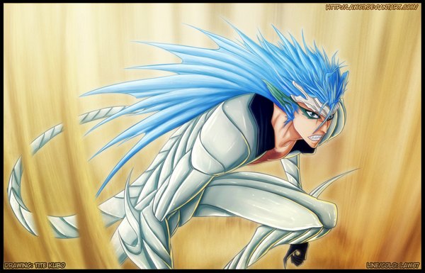 Anime picture 1324x850 with bleach studio pierrot grimmjow jeagerjaques law67 single long hair blue eyes blue hair tail teeth grin coloring framed sharp teeth espada boy armor