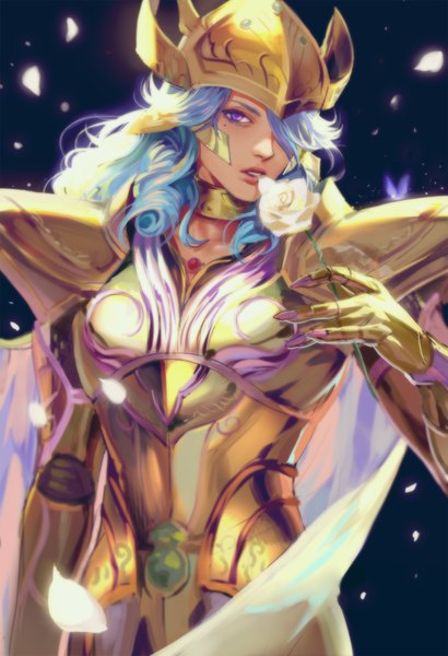 Anime picture 800x1170 with saint seiya toei animation pisces aphrodite emg (christain) single long hair tall image looking at viewer fringe purple eyes blue hair upper body parted lips hair over one eye mole mole under eye black background boy flower (flowers) petals