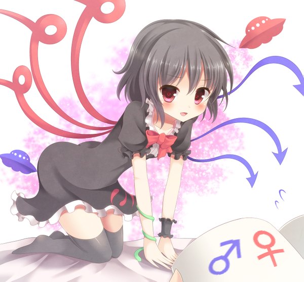 Anime picture 1439x1339 with touhou houjuu nue aibumi single looking at viewer blush short hair open mouth black hair red eyes girl thighhighs dress black thighhighs wings spacecraft ufo flying saucer