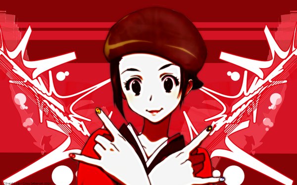 Anime picture 1440x900 with samurai champloo fuu (samurai champloo) tagme (artist) looking at viewer short hair smile brown hair wide image upper body nail polish traditional clothes japanese clothes black eyes lipstick red background pointing mmm 2007 girl hat