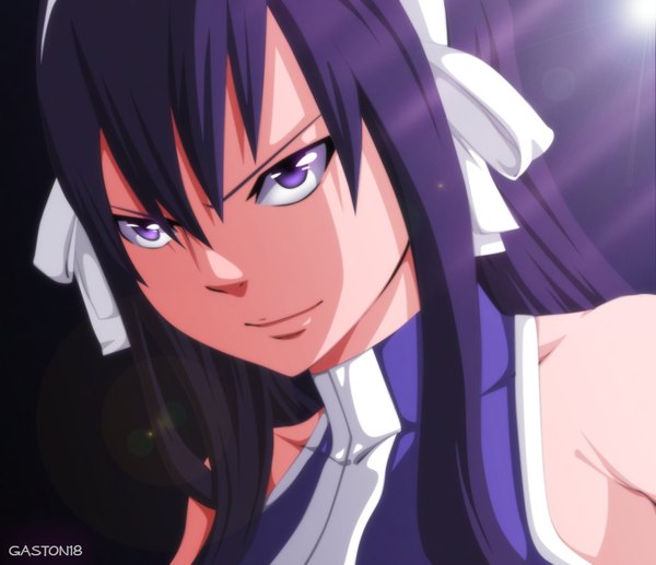 Anime picture 1000x862 with fairy tail ultear milkovich tongasart single long hair purple eyes purple hair light smile coloring light close-up girl ribbon (ribbons) hair ribbon