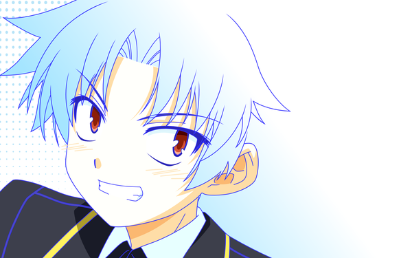 Anime picture 1920x1200 with baka to test to shoukanjuu silver link yoshii akihisa blush highres short hair red eyes wide image blue hair grin close-up face vector boy