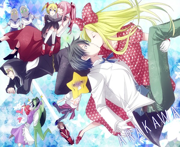 Anime picture 1222x1000 with arakawa under the bridge shaft (studio) nino sister (arakawa) ichinomiya kou maria (arakawa) hoshi (arakawa) p-ko (arakawa) kappa (arakawa) stella (arakawa) village chief ryoko (pixiv) long hair blue eyes black hair blonde hair red eyes brown hair twintails multiple girls