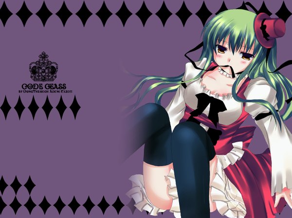 Anime picture 1210x907 with code geass sunrise (studio) c.c. single looking at viewer blush fringe light erotic sitting yellow eyes green hair inscription vector purple background girl thighhighs black thighhighs hat