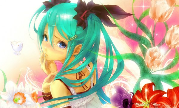 Anime picture 1600x973 with vocaloid world is mine (vocaloid) hatsune miku redjuice single blush highres blue eyes wide image twintails looking back tears girl dress hair ornament flower (flowers) bow hair bow animal hairclip