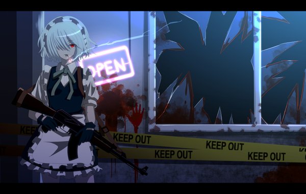 Anime picture 1680x1068 with touhou izayoi sakuya tomon (slash0410) single short hair red eyes white hair maid smoking girl gloves weapon headdress gun maid headdress blood apron ak-47