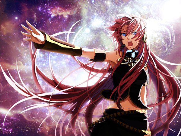 Anime picture 1280x960 with vocaloid megurine luka diaboliku (artist) single long hair open mouth blue eyes bare shoulders pink hair cloud (clouds) light singing girl detached sleeves headphones star (stars)