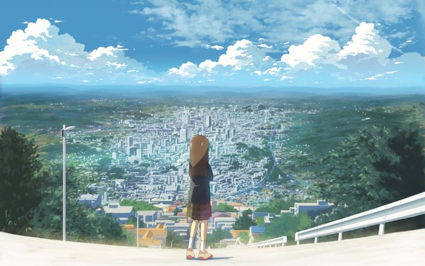 Anime picture 1440x900 with isai shizuka long hair brown hair wide image standing sky cloud (clouds) city crossed arms cityscape girl skirt plant (plants) tree (trees) socks boots white socks road