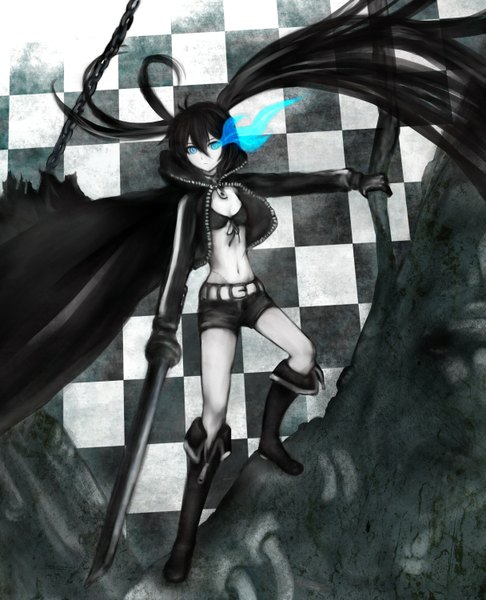 Anime picture 1215x1500 with black rock shooter black rock shooter (character) niou kaoru single tall image looking at viewer blue eyes black hair twintails very long hair glowing glowing eye (eyes) pale skin girl gloves weapon sword shorts boots katana