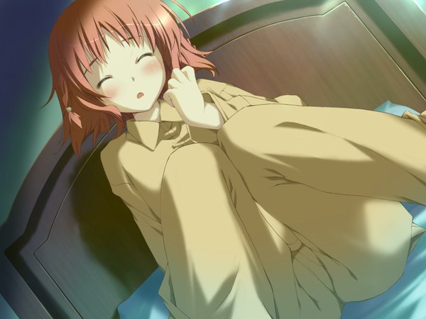 Anime picture 1600x1200 with happy margaret amagahara inaho kokonoka blush short hair open mouth game cg red hair eyes closed girl bed pajamas