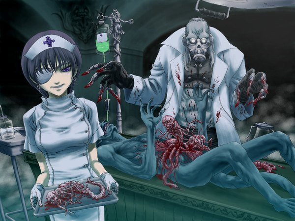 Anime picture 1024x768 with original nurse guro eyepatch alien intestines